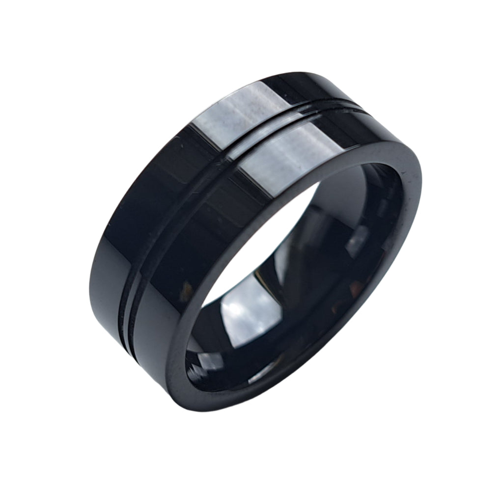 Black Ceramic Ring - Flat Court Shaped With Central Groove