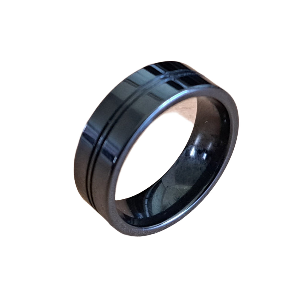 Black Ceramic Ring - Flat Court Shaped With Central Groove