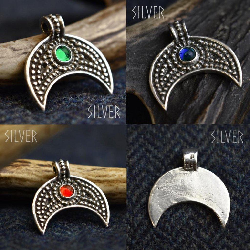 Silver Lunular Pendant II with Blue Green or Red Stone