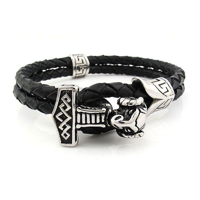 Thor's Hammer Bracelet - Leather & Stainless Steel - 560001