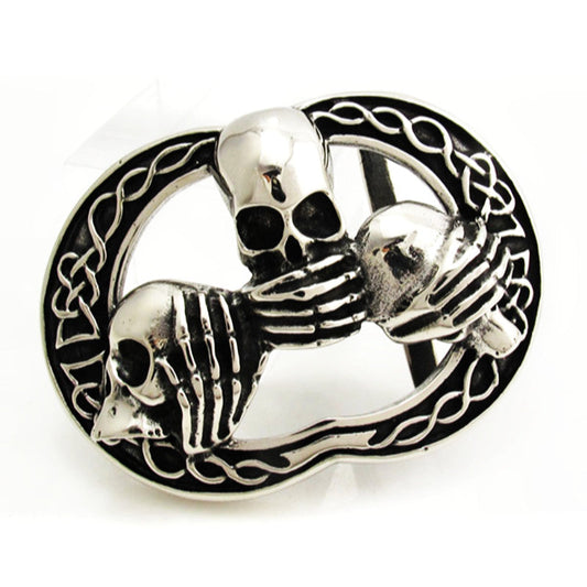 See No Evil, Hear No Evil Skulls Belt Buckle - Stainless Steel - 370006