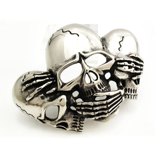 See No Evil, Hear No Evil Skulls Belt Buckle - Stainless Steel - 370007
