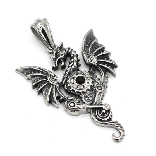 Steampunk Dragon Pendant - Stainless Steel - 0174