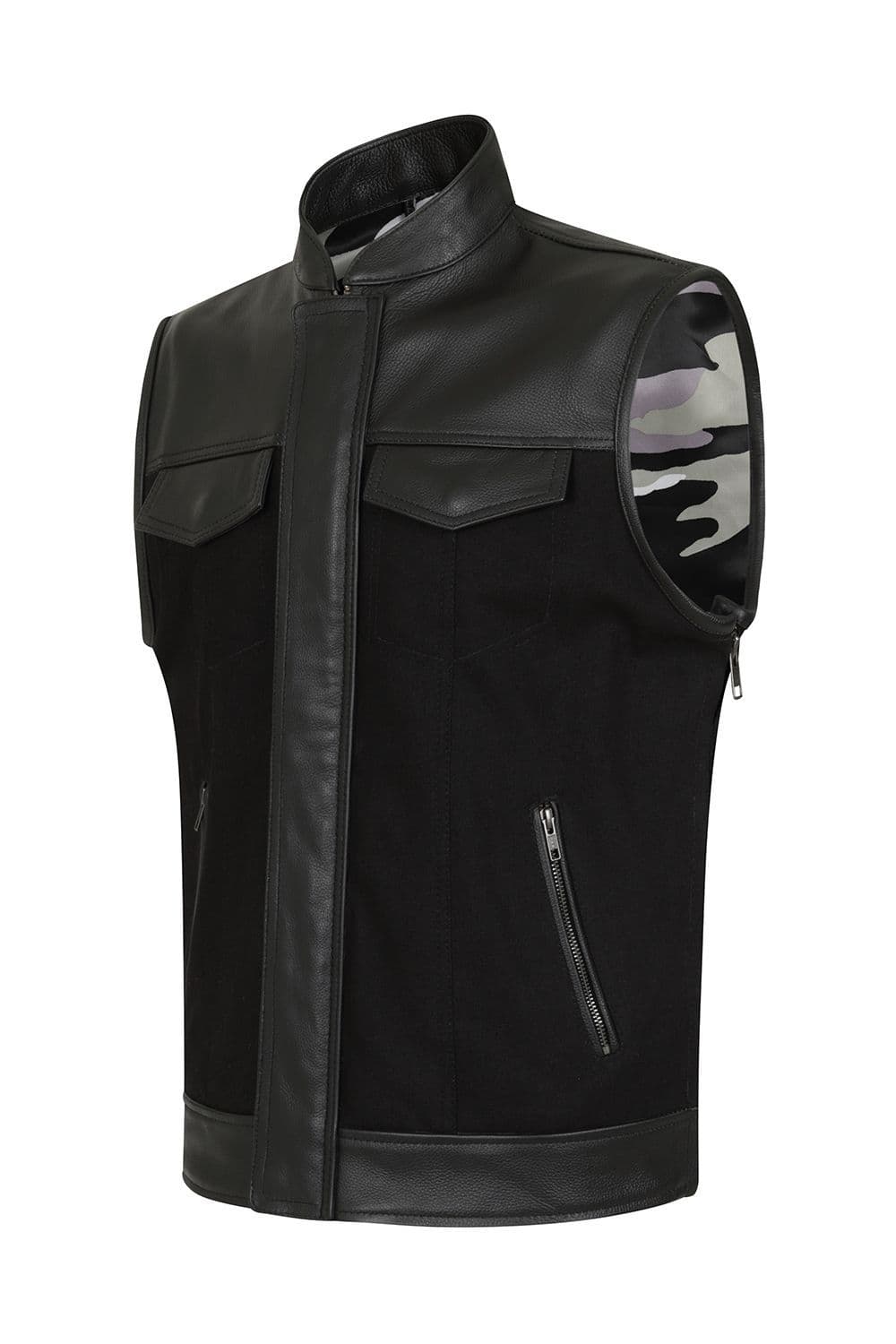 Vargas Black Denim & Leather Expandable Biker Vest by Skintan Leather